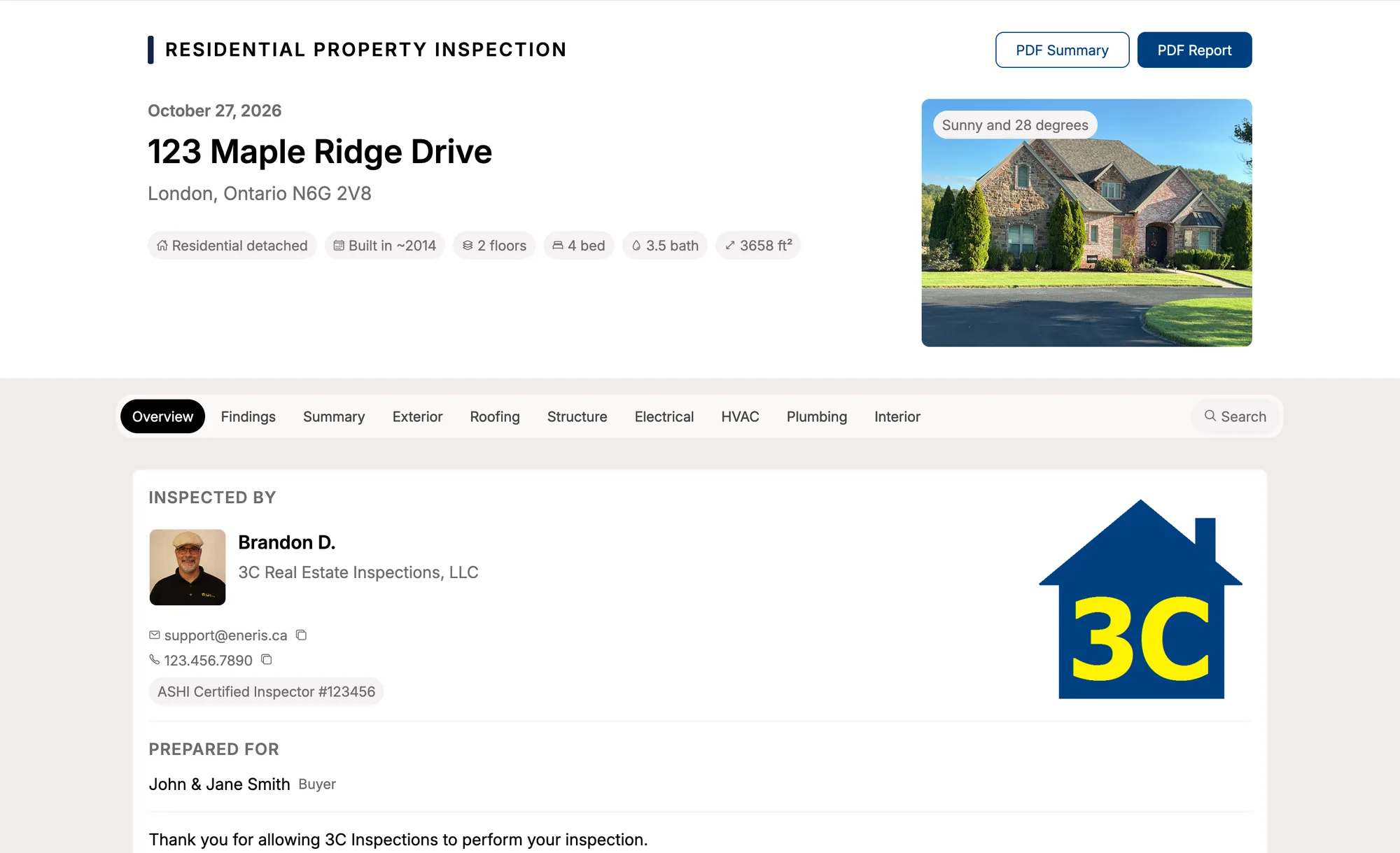 The top of the web report